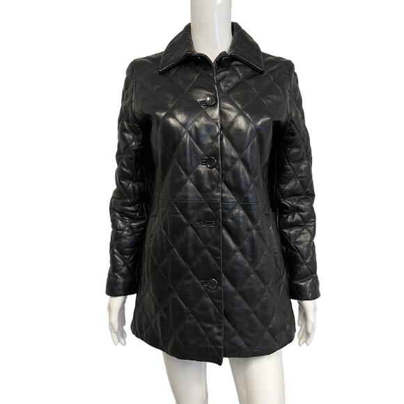 BURBERRY Black 100% Leather Quilted Mid-Length Collared Jacket Size XS